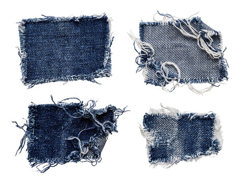 Ripped denim patch set frayed jean fabric swatch collection isolated on black background for fashion collage graphic design rustic textile texture banner rugged vintage blue jeans cotton element