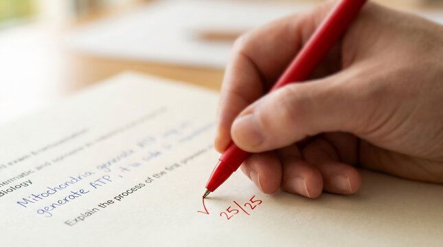Teacher hand grading exam paper with red pen, marking perfect score 25 out of 25, checking biology test assignment, academic evaluation, Happy Teachers Day concept
