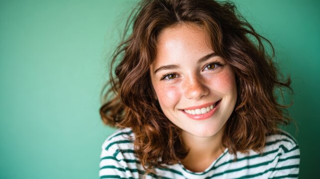 A cheerful young girl with curly hair beams joyfully against a soft green backdrop, radiating happiness and positivity, perfect for youthful and vibrant themes.