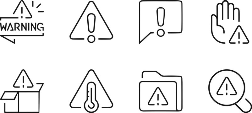 Blue line warning and caution icons set with exclamation mark triangles, alert symbols, safety notifications, and risk awareness graphics