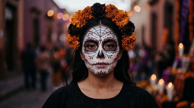 Woman with sugar skull face makeup and marigold crown celebrating Day of the Dead on street.
