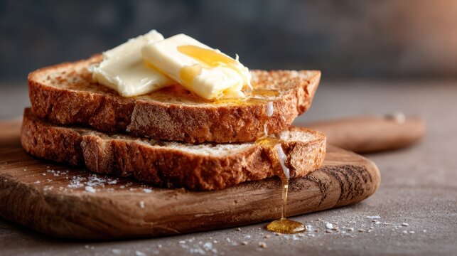 Freshly toasted bread adorned with melting butter and honey drizzling off the side, embodying comfort, warmth, and the joy of simple yet delicious culinary delights.