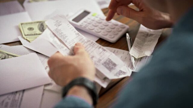 A man uses a calculator to scan receipts, checks, and banknotes, carefully tracking family expenses. He acts as an accountant, monitoring cash flow and ensuring accurate household budgeting