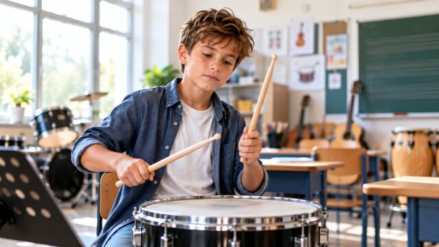Happy schoolboy holding drumsticks and playing a snare drum in a music classroom 