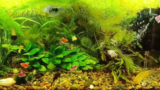 Colorful freshwater aquarium with small fish swimming among dense green aquatic plants, driftwood, moss, and pebble substrate in a planted underwater habitat