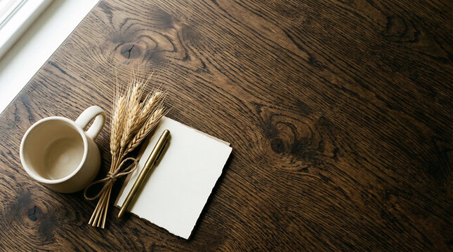 Teacher's Day greeting card mockup with blank paper, golden pen, dried wheat, and ceramic cup on dark wood desk. Elegant thank you note concept.