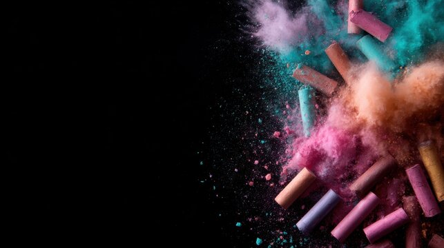 An explosion of vibrant colored chalk dust creates a striking visual against a stark black background, representing creativity, energy, and artistic expression.