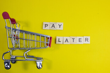 Shopping cart with PAY LATER text, symbolizing cashless payments, e-commerce, online shopping, digital payment technology, deposits, installment plans, deferred payments, and consumer finance. © bizdof photo