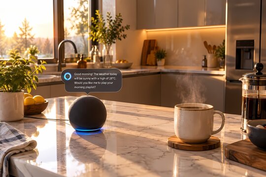 Smart speaker voice assistant on a kitchen counter giving weather forecast update