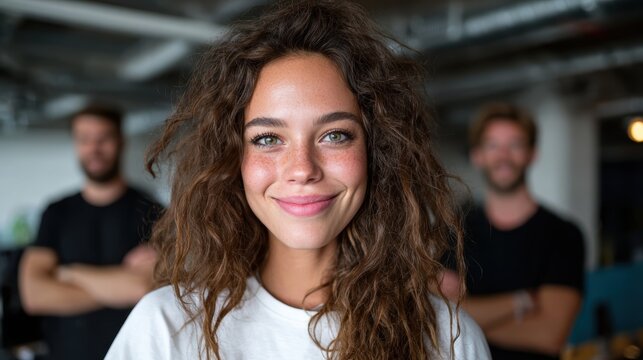 A smiling woman stands confidently in a modern office, with two friends visible in the background, embodying collaboration, creativity, and positive relationships.