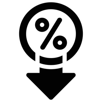 Black percentage sign inside a circle with a downward arrow vector price drop symbol