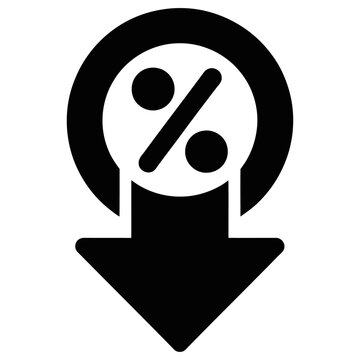 Black discount percentage circle symbol integrated with downward trend arrow for retail sale icon