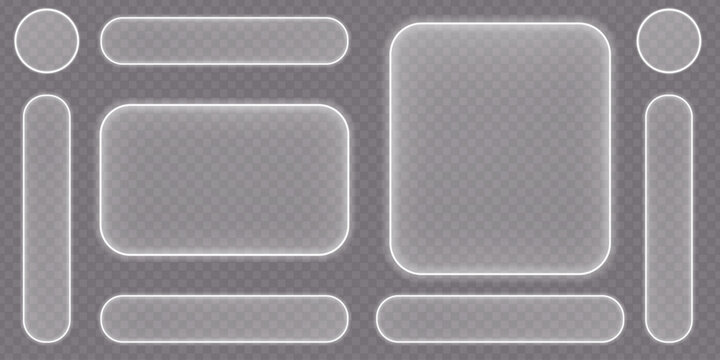 Set of glowing glassmorphism ui elements with rounded corners and soft light borders on a dark transparent background