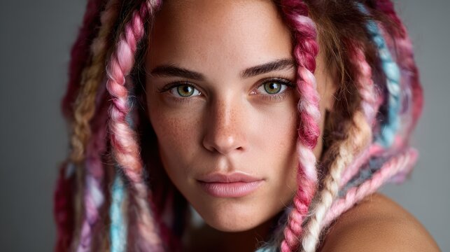 A striking portrait of a young individual with beautifully styled, colorful hair, showcasing intricate braids and a confident expression, embodying modern beauty and self-expression.