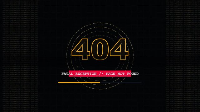 Animation of 404 Fatal Exception Page Not Found Error Message with Digital HUD Elements and Glitch Effects