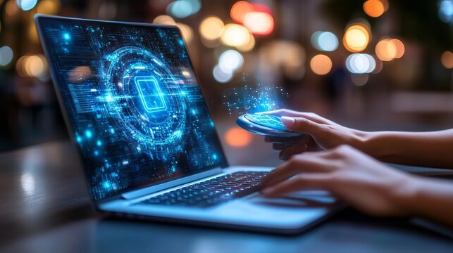 Professional Person Using Artificial Intelligence Assistant on Laptop with Futuristic Data Graphics