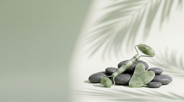 Commercial 3D e-commerce sale promotion banner featuring jade roller and guasha with natural stones
