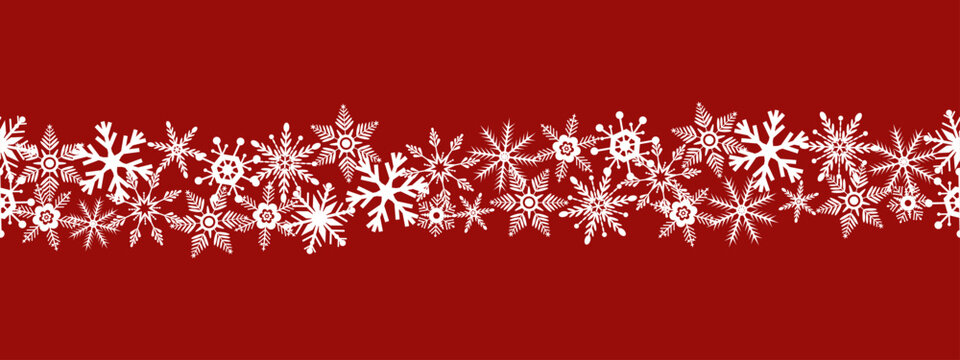 Festive Christmas decorative border featuring intricate white snowflakes and winter motifs on a deep red background, ideal for holiday cards, banners, wrapping paper and seasonal designs