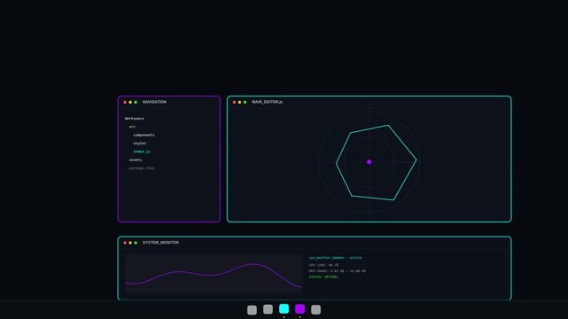 Coding software interface with navigation panel and geometric editor window