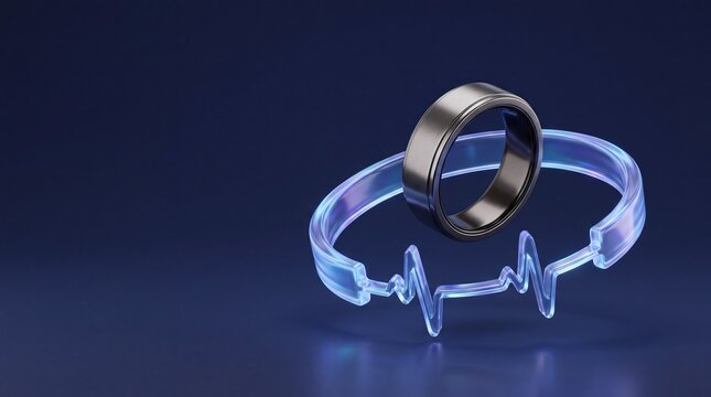Commercial 3D e-commerce sale promotion banner showing titanium smart fitness ring with space for text
