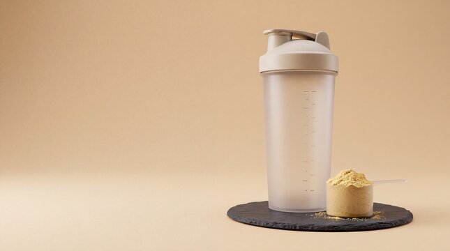 Commercial 3D e-commerce sale promotion banner features protein shaker scoop with copy space for product advertising