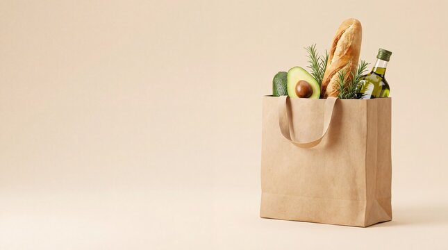 Commercial 3D e-commerce sale promotion banner featuring organic grocery kraft bag with empty background and food items