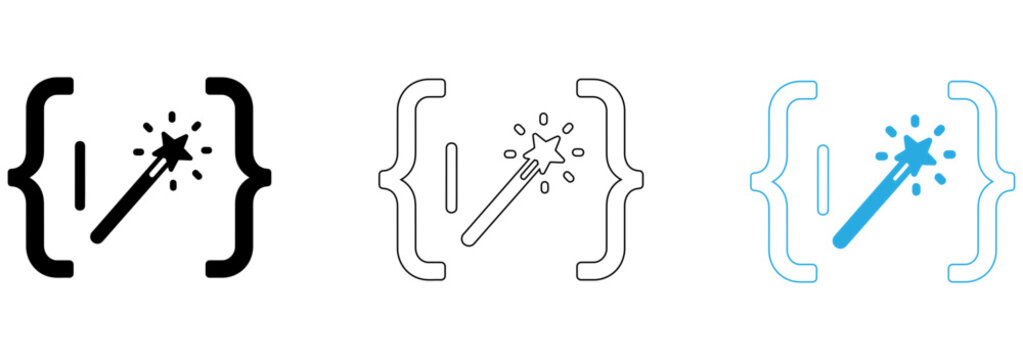 Modern flat design code bracket icons with lightning bolt effect in three color styles