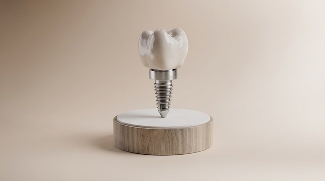 Realistic dental implant crown with titanium screw base on display podium for tooth restoration advertising.