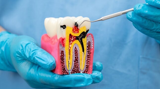 A close-up view of a dental model showing a tooth with decay and exposed roots being examined by a dental tool.