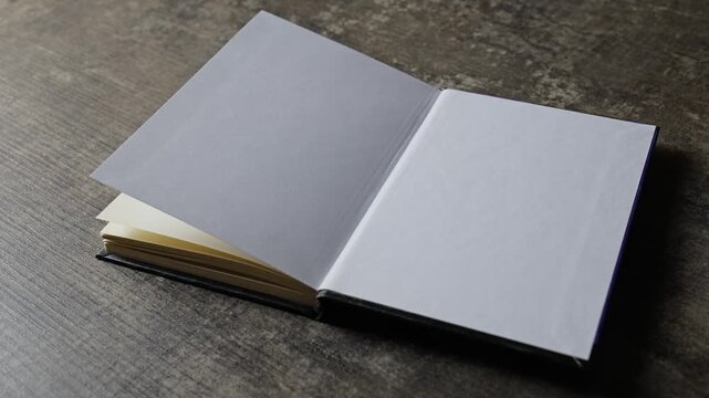 Open book with a blank white page and a transparent flyleaf moving in the wind on a wooden table, copy space for text