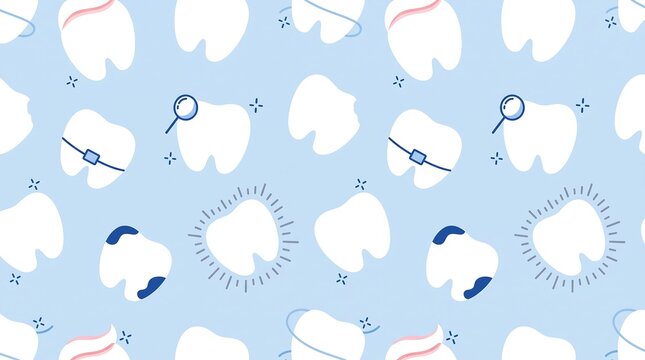 Seamless pattern with various cute cartoon teeth illustrating diverse dental health conditions and treatments on a light blue background.