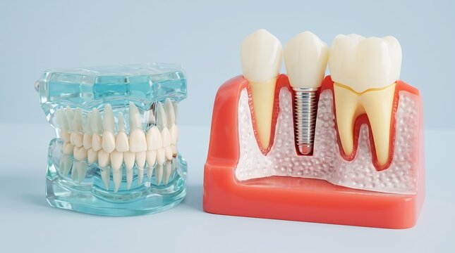 Dental anatomy models for education and presentation show healthy teeth and an implant in a jawbone structure.
