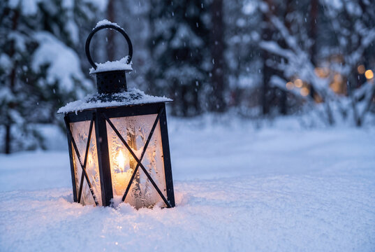 Lanterns in the Snow - A close up three quarter angle of an with Festive Copy Space