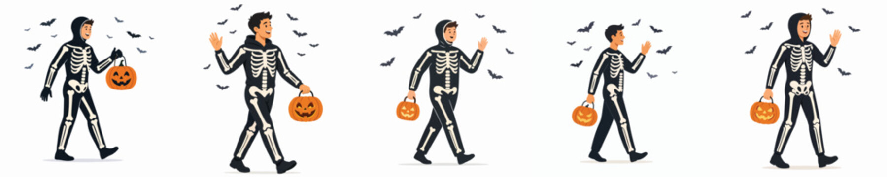 Vector illustration of a man walking and waving hand while celebrating Halloween in a skeleton costume