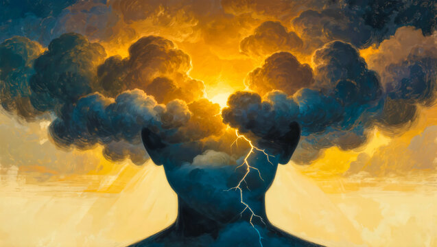 Illustration of silhouette with thunderclouds shrinking into light