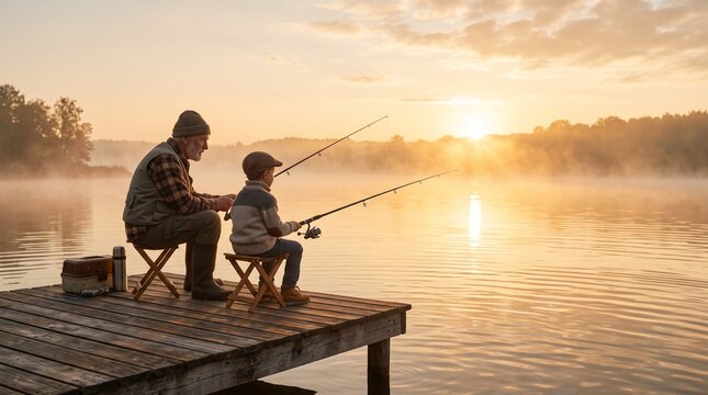 Grandfather and grandson fishing on wooden dock at sunrise
