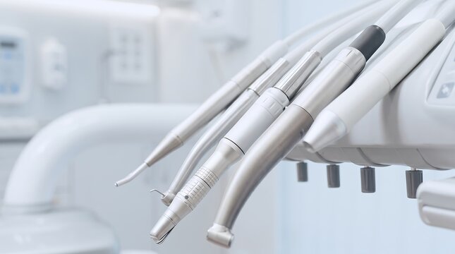 Professional dentist chair equipment with varied dental drills and suction tools for clinical procedures.