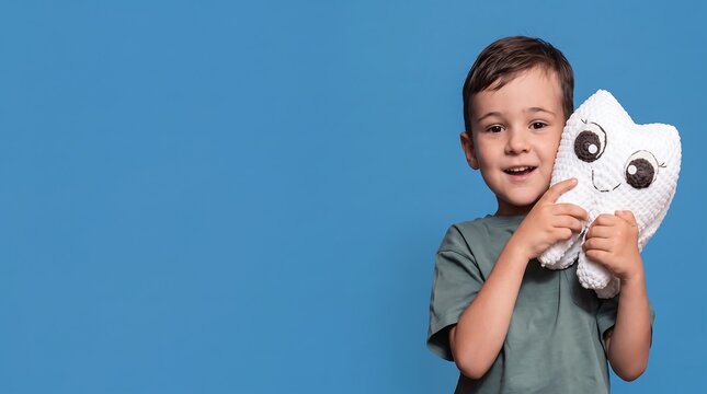 Smiling young boy hugging plush white tooth toy against blue studio background with copy space.