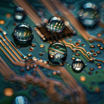 Macro image of circuit board with morning dew drop Canon EOS R5 100mm Macro