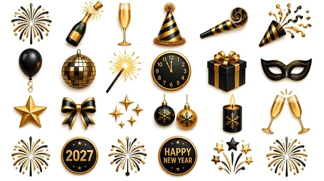 Luxury New Year Eve party icon set featuring gold and black festive elements for holiday event marketing collateral and digital greeting