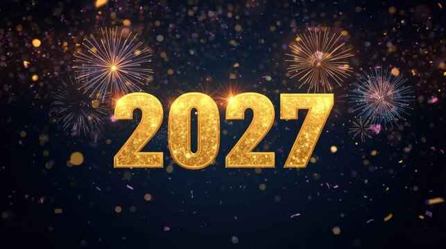 N&uacute;mero dorado 2027 iluminado por vibrantes fuegos artificiales que estallan en el oscuro cielo nocturno