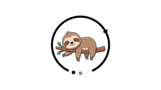 Cute cartoon sloth sleeping on branch inside circular loading bar on white background