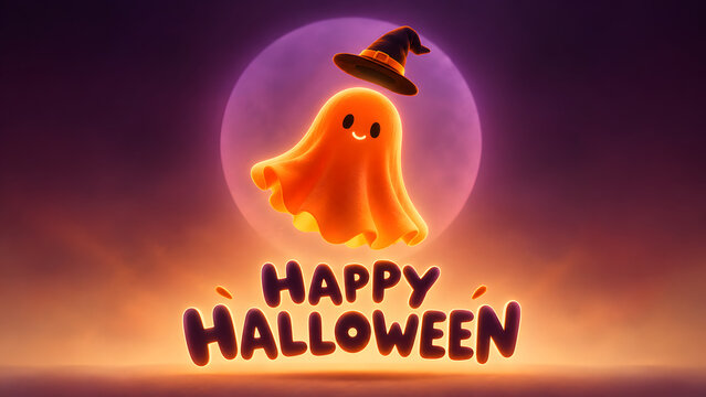 Cute orange ghost wearing a witch hat floating in front of a full moon with happy halloween text
