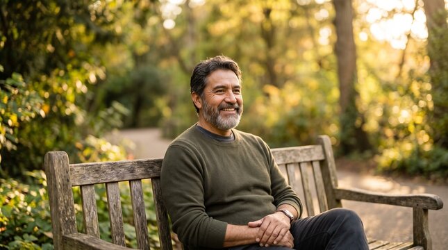 A smiling middle-aged man sitting on a wooden park bench during a sunny autumn afternoon.