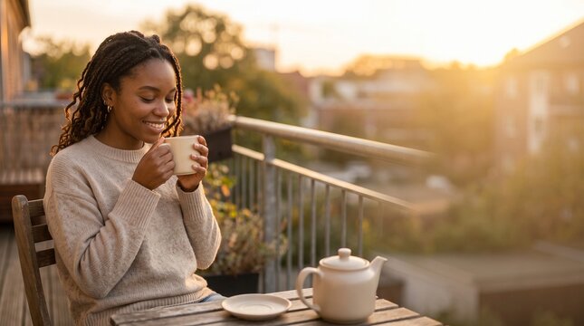 A young Black woman enjoying a warm cup of tea on a balcony during a beautiful golden sunset.