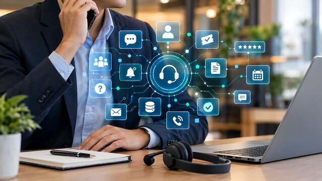 Businessman holding smartphone communicating customer service support or digital marketing.