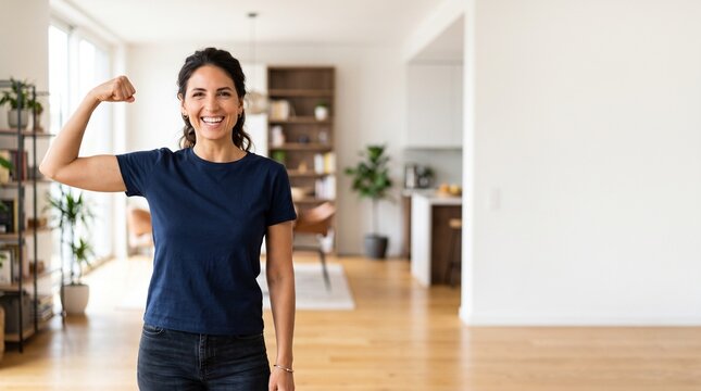 Happy young woman showing her arm muscles at home in a bright living room.