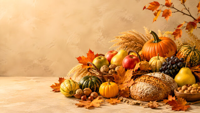 Abundant harvest bounty with pumpkins, fruits, nuts, and bread in autumn setting