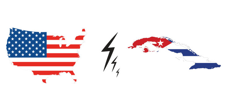 USA vs Cuba Map Flags with Lightning Bolt on flag inside. US vs Cuba