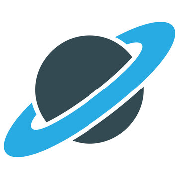 Minimalist blue and dark gray planet with rings flat vector icon for astronomy and space design
